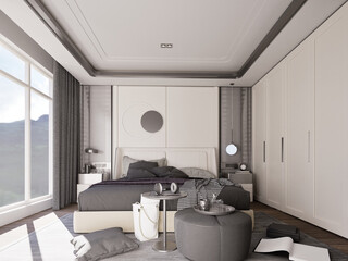 Modern bedroom interior with bed and wardrobe, bedroom decoration 