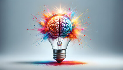 Concept of sparking new ideas. The brain emits brilliant sparks of light, representing moments of inspiration and creativity all encased in a large transparent light bulb.
