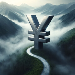 Yen Symbol Enveloped in Fog on Mountain Path - obrazy, fototapety, plakaty
