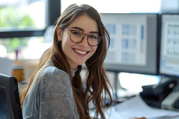 Mujer con lentes y pelo negro largo sonriendo, sentada frente a la computadora. Mujer feliz en el trabajo