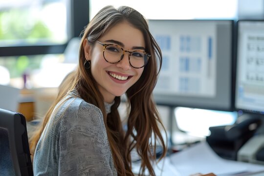 Mujer con lentes y pelo negro largo sonriendo, sentada frente a la computadora. Mujer feliz en el trabajo