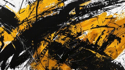 black and yellow energetic brushstrokes abstract painting on white background