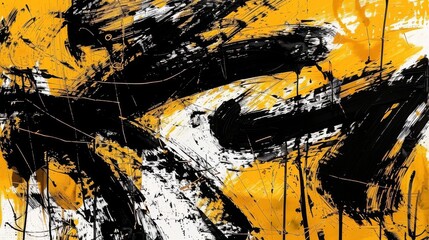 black and yellow energetic brushstrokes abstract painting on white background