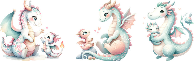 Dragon mom love baby, mother day, watercolor illustration.