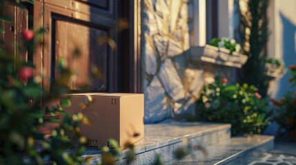Delivered cardboard box on door mat near entrance outdoor. Parcels on rug near doorway. Express home delivery service. Online shopping concept. Store order outside.