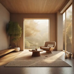 modern living room,3D render the renovation of a tranquil meditation space, featuring minimalist design, natural materials, and soft lighting