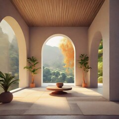 interior of a house,3D render the renovation of a tranquil meditation space, featuring minimalist design, natural materials, and soft lighting - obrazy, fototapety, plakaty