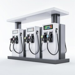 Three fuel dispensers at a clean and contemporary gas station showcase varying fuel options against a white background. - obrazy, fototapety, plakaty