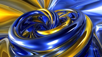 blue and yellow chrome 3d swirl pattern on a blue background