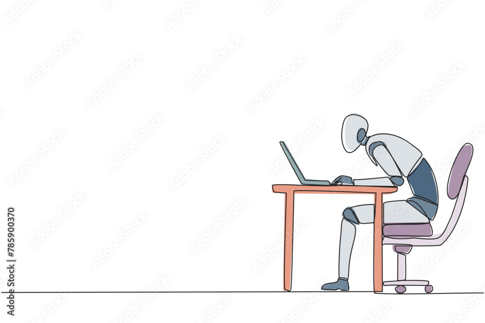 Poster single one line drawing robot sitting and typing on laptop computer. work hard to achieve maximum ex