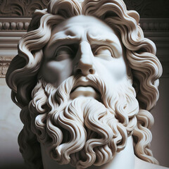 Handsome marble statue of powerful greek god Zeus over dark background, The powerful king of the gods in ancient Greek religion.
