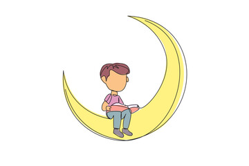Single continuous line drawing boy sitting on crescent moon reading book. Metaphor of reading story before bed. Passionate about reading in any condition. Book festival. One line vector illustration