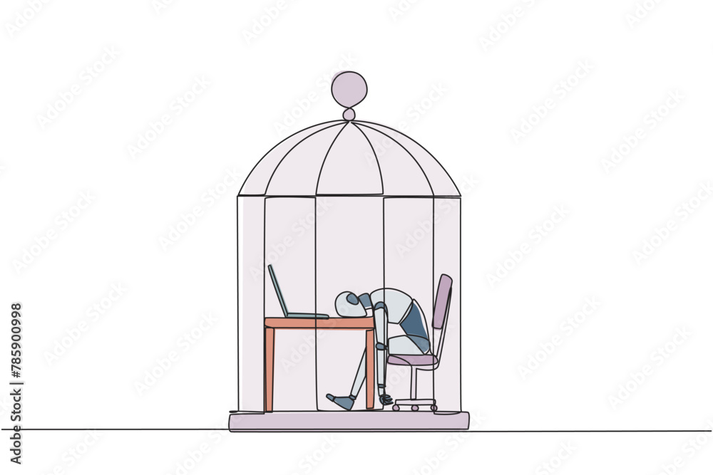 Poster continuous one line drawing robot trapped in cage asleep on laptop. tired of repetitive routines. th