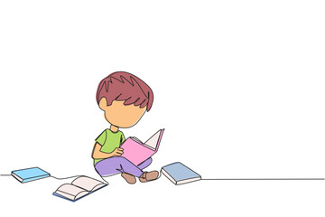 Single continuous line drawing boy sitting relaxed in a library reading a lot of books. Looking for answers to school assignments. Reading hobby. Book festival. One line design vector illustration - obrazy, fototapety, plakaty