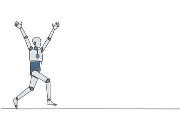 Single one line drawing robot running to celebrate the success of business. Like a football player who scores goal, doing celebrates. Success. AI tech. Continuous line design graphic illustration