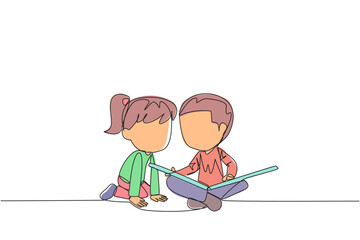 Continuous one line drawing kids sit down and put reading book on feet. Interesting to read the complete geographic map. Eliminate curiosity. Book festival. Single line draw design vector illustration