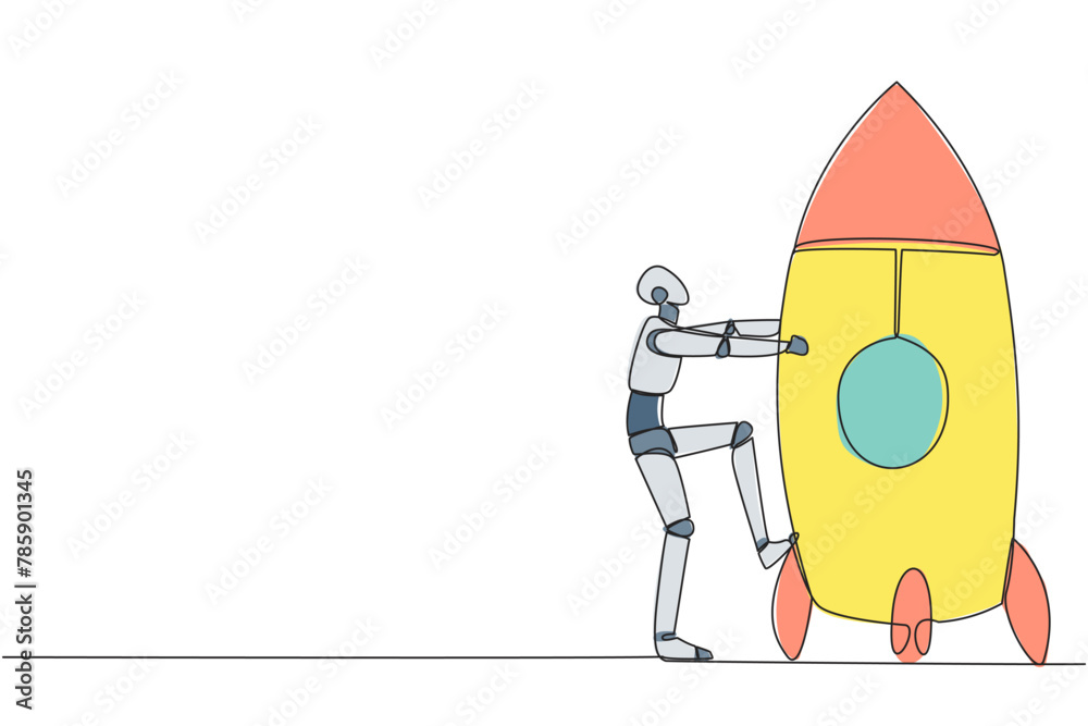 Poster single one line drawing smart robot and rocket. get ready to ride rocket that will launch. metaphors