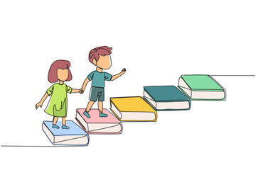 Continuous one line drawing the kids climb stairs from books. Reading increases knowledge which can increase the dignity of a better life. Book festival concept. Single line design vector illustration - obrazy, fototapety, plakaty