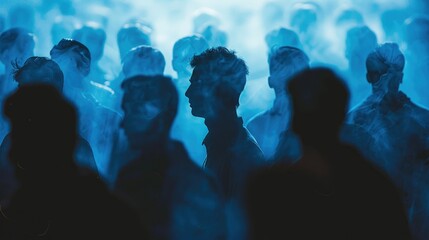 Worried crowd with obscured faces in shadow
