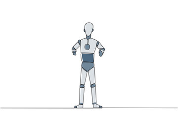 Single continuous line drawing smart robot standing straight. Survive inflation and pandemics. Looking to the future of business is full of hopes of success. Tech. One line design vector illustration