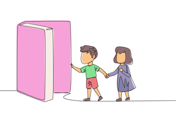 Single one line drawing the kids open the book-shaped door. Books can open mind and see everywhere. Increase knowledge about the wider world. Book festival. Continuous line design graphic illustration