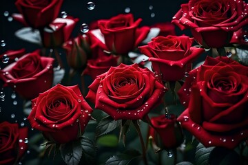 Close-up of red roses and water drops