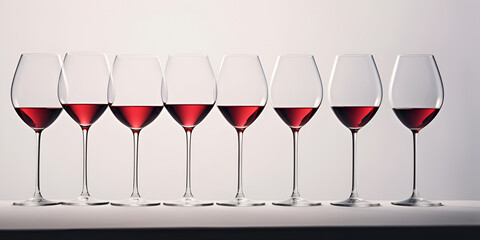 eight glasses of wine in line vintage decanter tasting oak barrels with white wall background  - obrazy, fototapety, plakaty