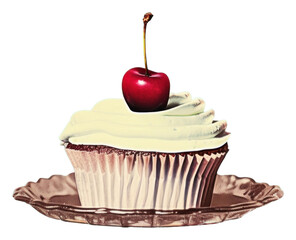 PNG Retro collage of a cupcake with a cherry dessert food freshness