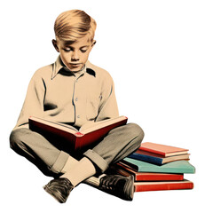 PNG Retro collage of a young boy sitting reading book publication