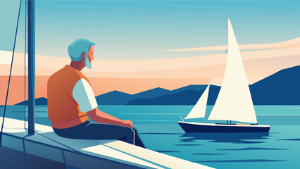 A lone retiree sits on the edge of a sailboat feeling the wind in their hair and the sun on their face as they navigate the open waters. They