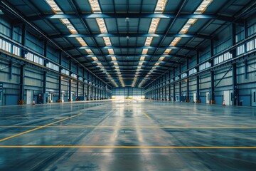 A large, empty warehouse with a yellow line on the floor. - obrazy, fototapety, plakaty