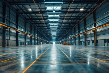 A large, empty warehouse with a yellow line on the floor. - obrazy, fototapety, plakaty