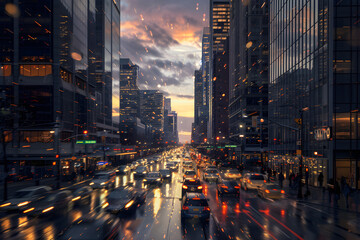 Energetic Urban Twilight: Metropolis in Evening Rush Hour - obrazy, fototapety, plakaty