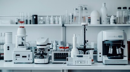 A product display of laboratory equipment with different types and sizes of machines. innovation in scientific research using advanced technology for various applications. Generative AI. - obrazy, fototapety, plakaty