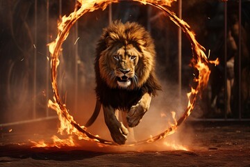 火の輪をくぐるライオン - obrazy, fototapety, plakaty