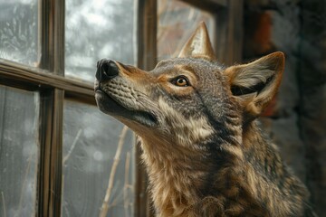 Black-backed jackal (Canis lupus) looking out the window