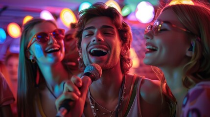 A group of friends were having fun at karaoke, singing and dancing with colorful lights around...