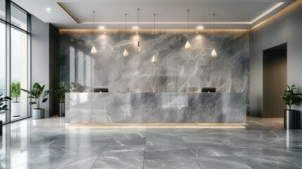 Marble wall panels with gray marble color and white veins, with modern reception desk in the middle of an office space, grey floor tiles, front view. Generative AI.