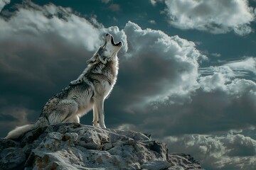 A wolf sitting on a rock and looking at the sky with clouds