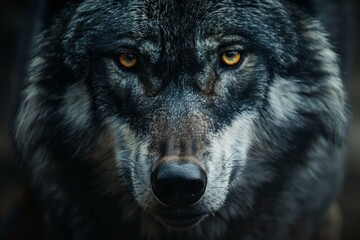 Portrait of a gray wolf in the forest,  Close-up