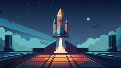 A sleek futuristic spaceship stood poised on the launchpad its metal exterior gleaming in the bright lights. The countdown began and the craft