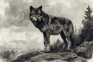 Illustration of a wolf on a rock in the woods,  Black and white image