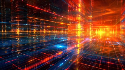 futuristic LED with red and blue lights creating a glowing skyline