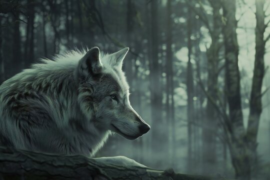 White wolf in a foggy forest, toned image, close-up