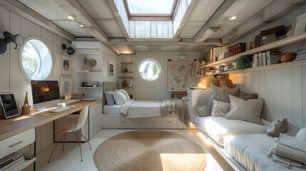 Garage converted into a living space with a single skylight, single bed and workspace with desk and computer, beach style interior design. Generative AI.
