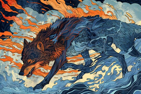 Wolf with fire effect,  Illustration of a wolf in the wild