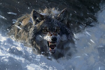 The wolf howls in the snow,  Digital painting on canvas