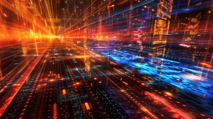 futuristic LED with red and blue lights creating a glowing skyline