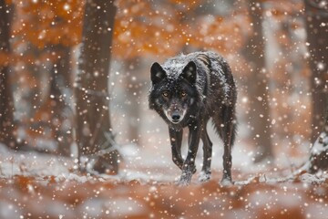 Black wolf in the forest during a snowfall,  Beautiful winter landscape