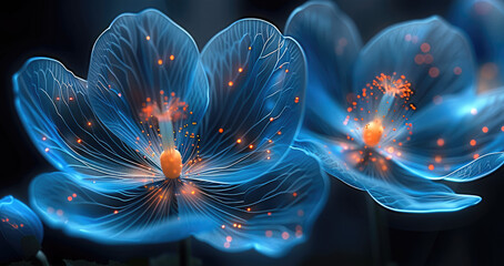 Beautiful blue flower vector, light petals, iridescent pearlescent colors, dark background. Generative AI.